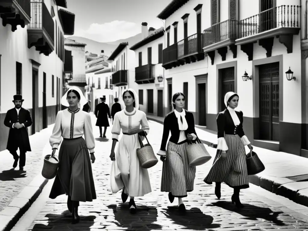 Detallada ilustración en blanco y negro de una bulliciosa escena callejera española del siglo XIX, capturando la frescura de la sociedad de la época