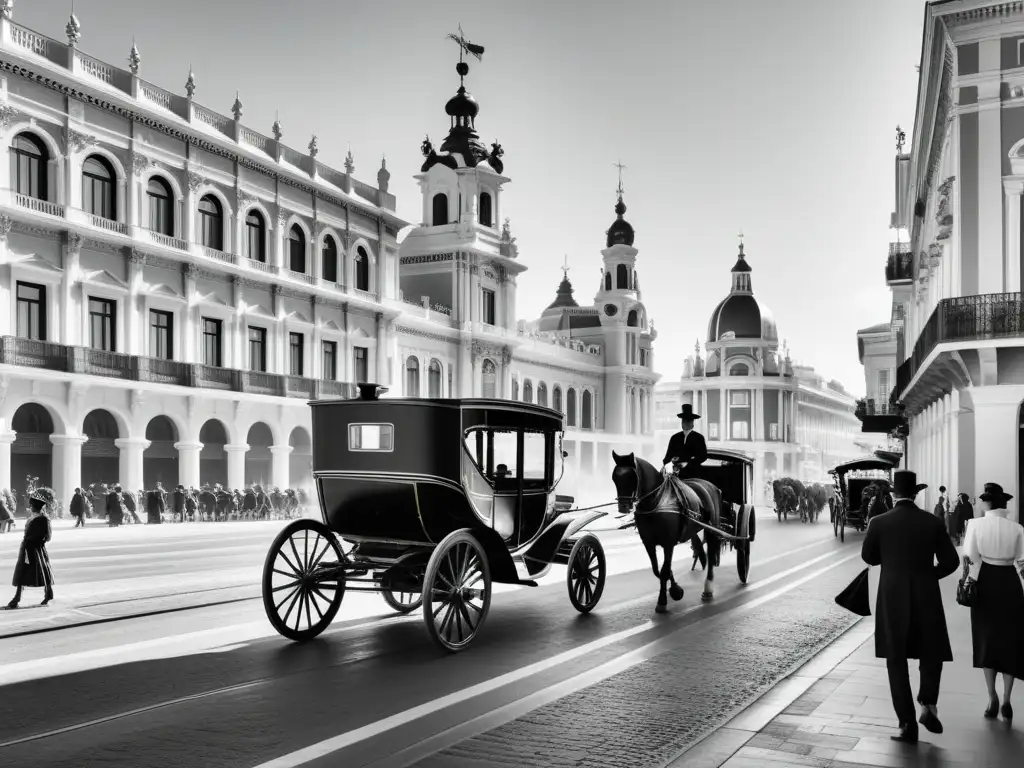 Detallada ilustración en blanco y negro de las bulliciosas calles de Madrid en el siglo XIX, evocando la frescura de la sociedad española de la época