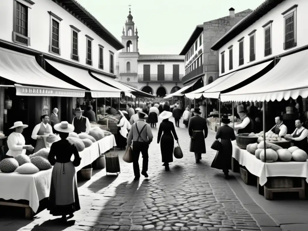 Detallada ilustración en blanco y negro de un bullicioso mercado español del siglo XIX, con vendedores, clientes y arquitectura de la época