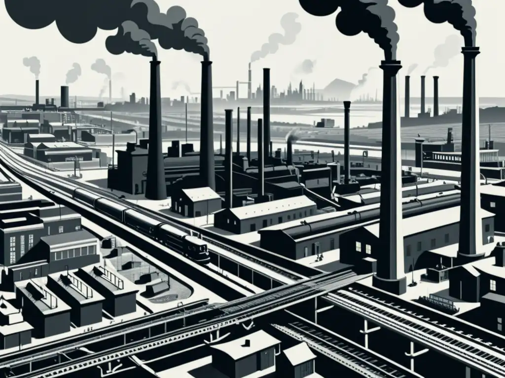 Detallada ilustración en blanco y negro de una ciudad industrial del siglo XIX, con chimeneas altas y una red de vías férreas