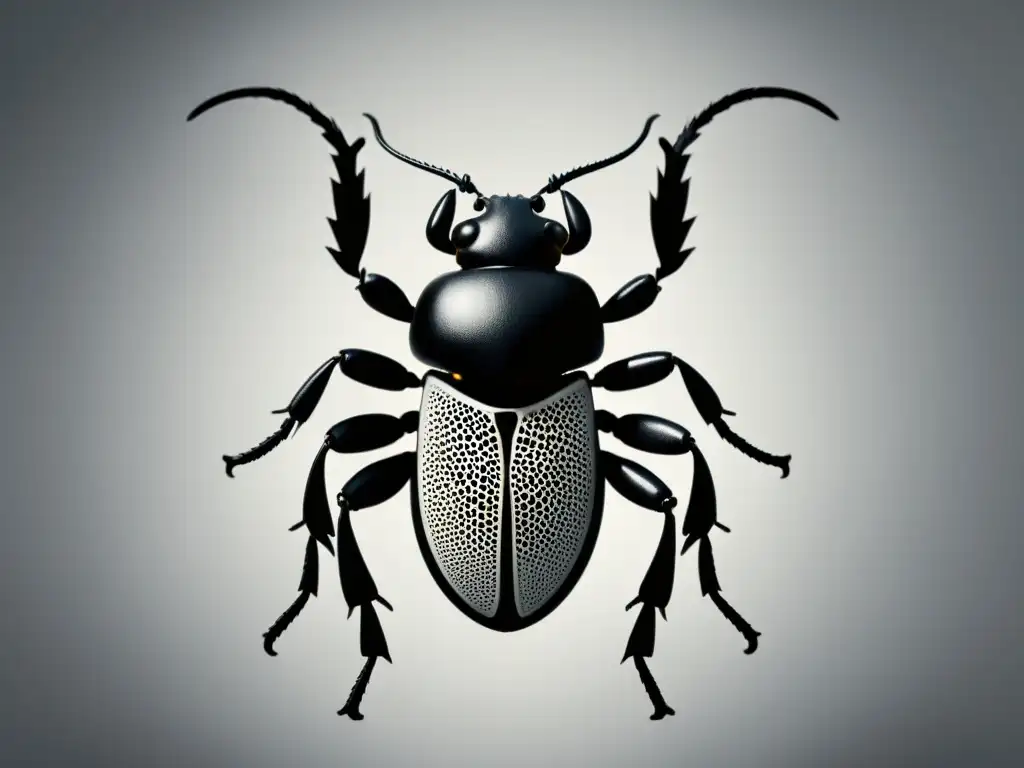 Metamorfosis de Gregor Samsa: Detalles del exoesqueleto Detallada ilustración en blanco y negro del cuerpo transformado de Gregor Samsa, capturando la esencia de La Metamorfosis de Kafka
