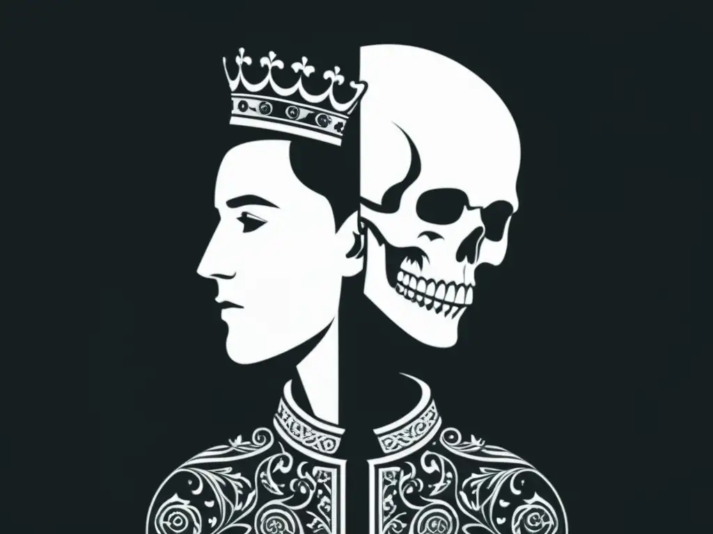 Ilustración detallada en blanco y negro muestra la dualidad de Hamlet, con un príncipe sosteniendo un cráneo y rodeado de figuras espectrales