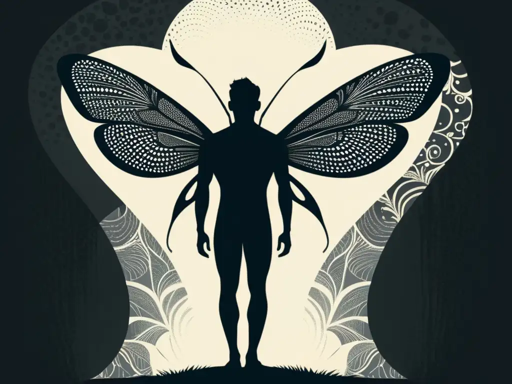 Metamorfosis surrealista: hombre se transforma en insecto Detallada ilustración en blanco y negro de la transformación de un hombre en insecto, evocando la atmósfera inquietante de La Metamorfosis de Kafka
