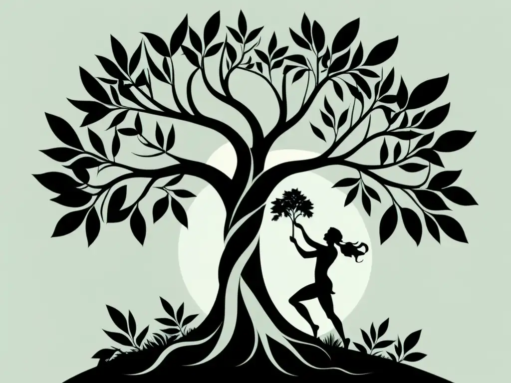 Detallada ilustración en blanco y negro de la metamorfosis de Daphne en árbol de laurel, capturando la intensidad emotiva de la narrativa mitológica de Ovidio