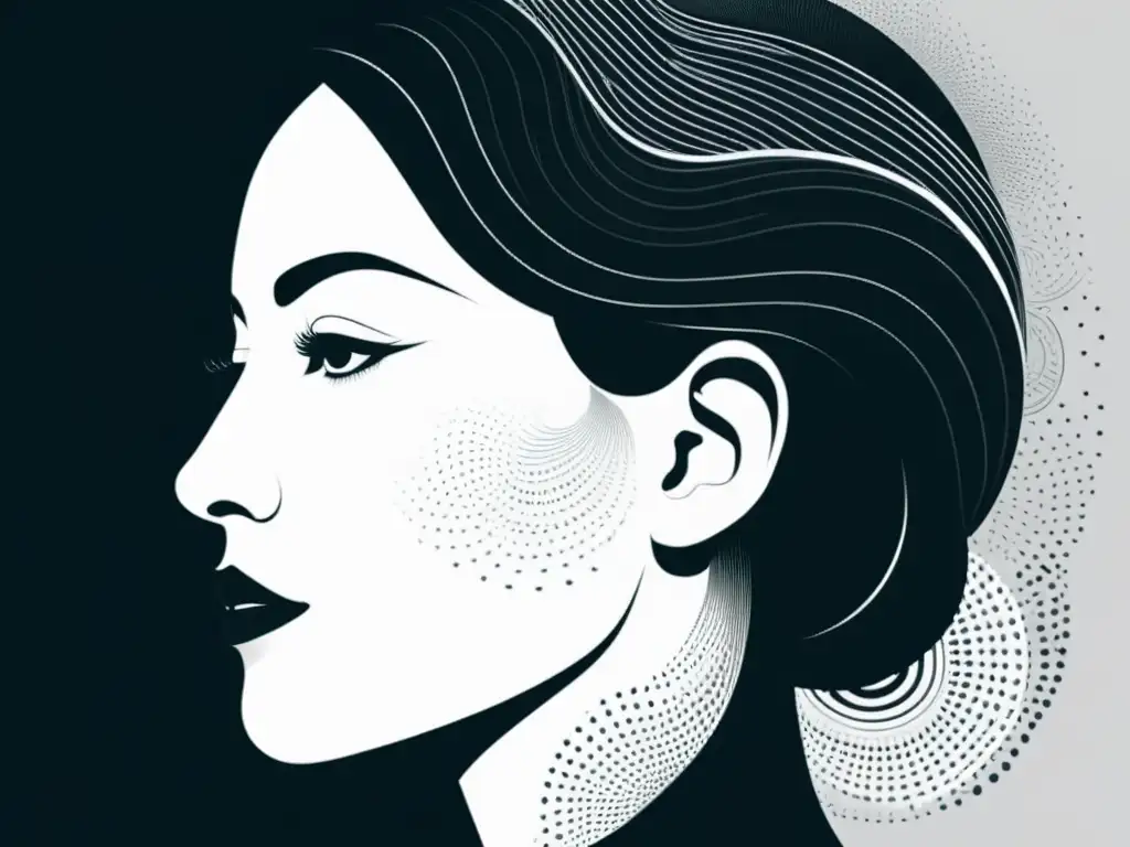 Ilustración en blanco y negro de mujer en monólogo interior Ilustración detallada en blanco y negro de una mujer en perfil con expresión contemplativa, simbolizando el monólogo interior en Mrs