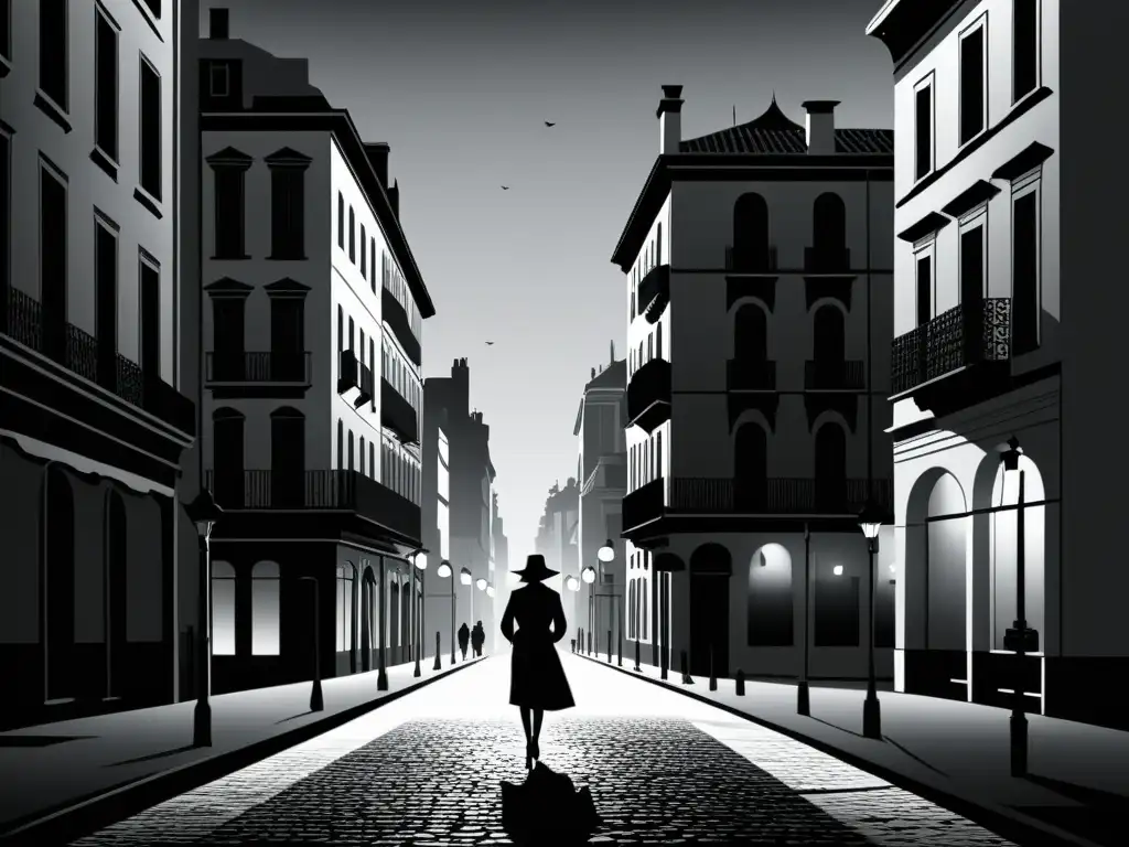 Detallada ilustración en blanco y negro de una solitaria figura caminando en una calle urbana tenue