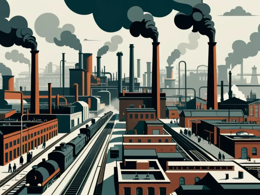 Ilustración detallada de una bulliciosa ciudad industrial del siglo XIX, con altas chimeneas humeantes, calles abarrotadas y trabajadores en fábricas