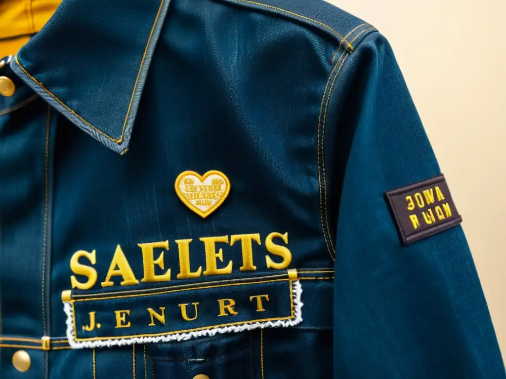 Chaqueta de mezclilla negra con parche literario Una fotografía detallada de una chaqueta de mezclilla negra con un parche literario temático minimalista cosido en la manga