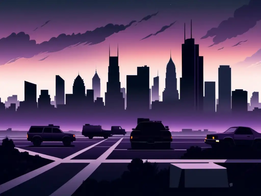 Dystopia: Ciudad desolada y opresiva Detallada ilustración distópica de una ciudad, con rascacielos angulares y una atmósfera smog