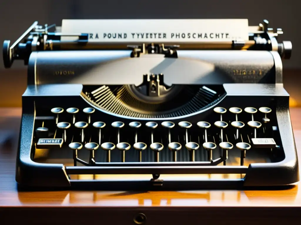 Una fotografía detallada y dramática de la máquina de escribir de Ezra Pound, destacando la textura desgastada y las sombras intrincadas de las teclas