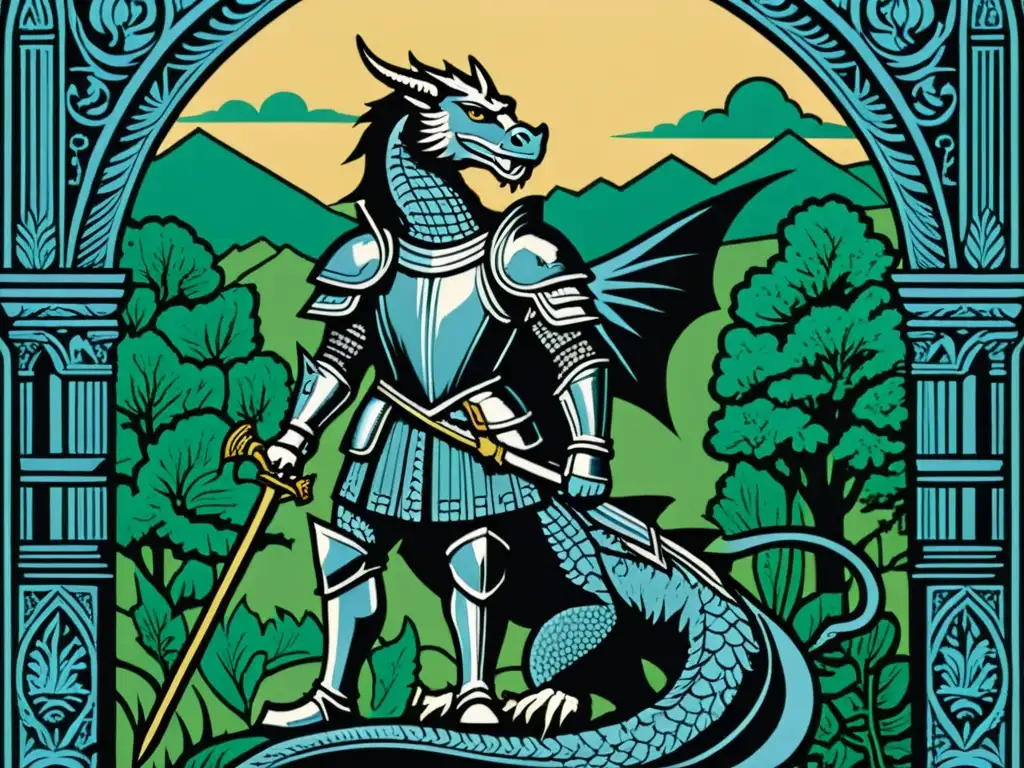 Detallada ilustración de un héroe del Renacimiento victorioso sobre un dragón, rodeado de arquitectura clásica y paisajes exuberantes