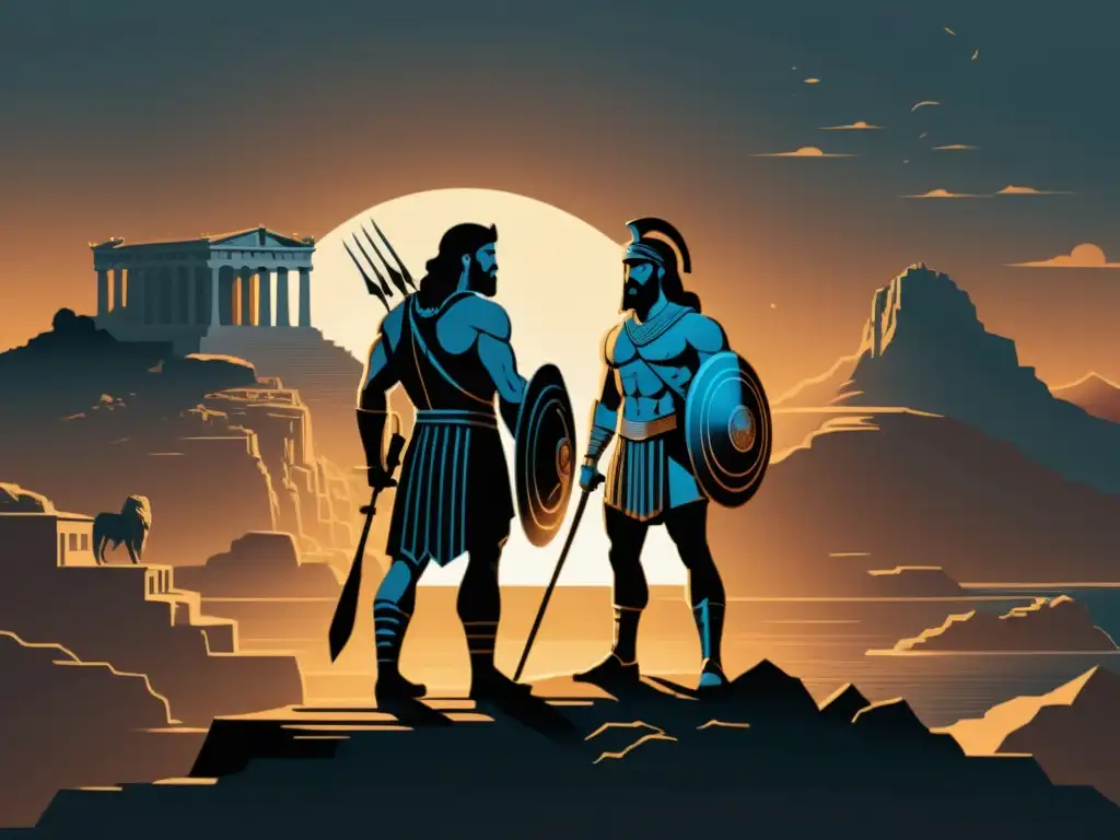 Detallada ilustración 8k de los héroes griegos Achilles y Heracles, con armas y símbolos icónicos, en paisaje épico