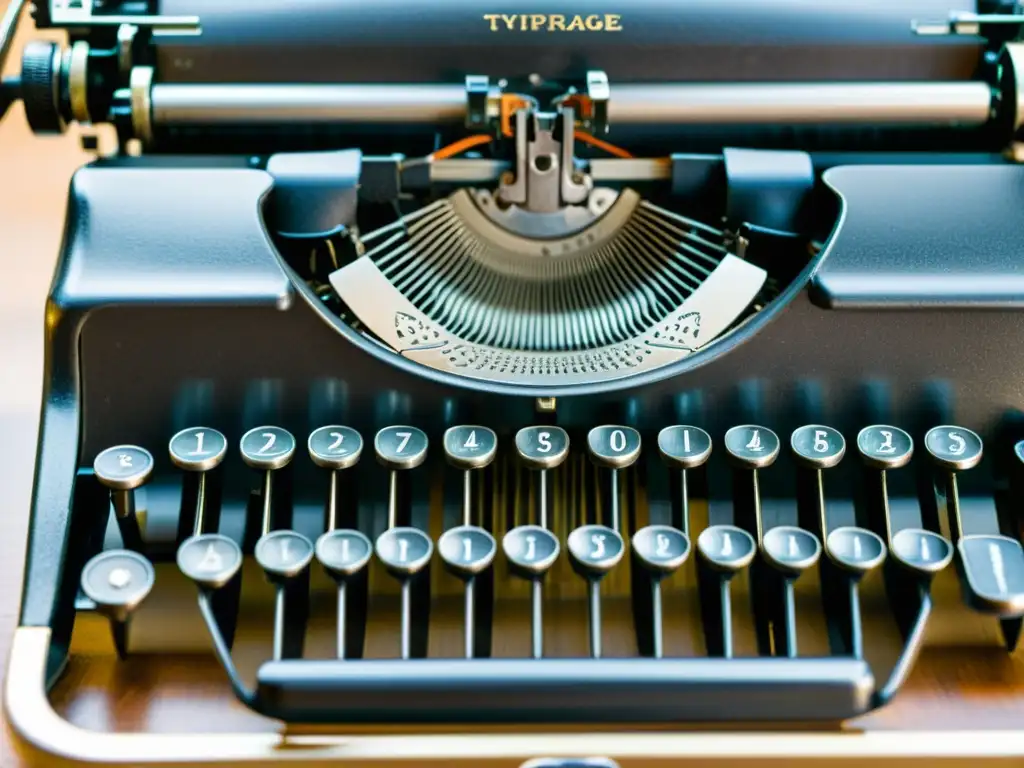 Detallada imagen de una antigua máquina de escribir con diseños florales en metal, iluminada por luz natural