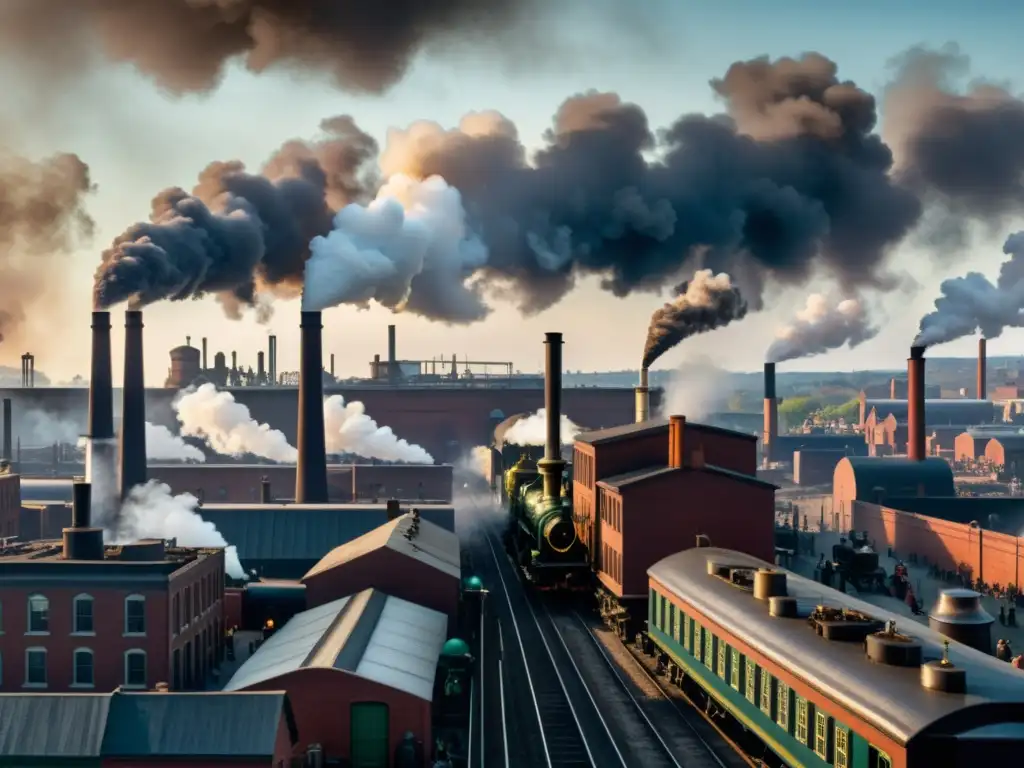 Una detallada imagen 8k de una bulliciosa ciudad industrial del siglo XIX, con altas chimeneas, fábricas abarrotadas y trenes de vapor