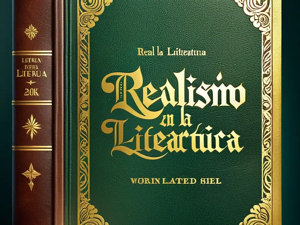 Detallada imagen en 8k de una cubierta de libro desgastada con el título 'Realismo en la Literatura Latinoamericana del Siglo XIX' en letras doradas