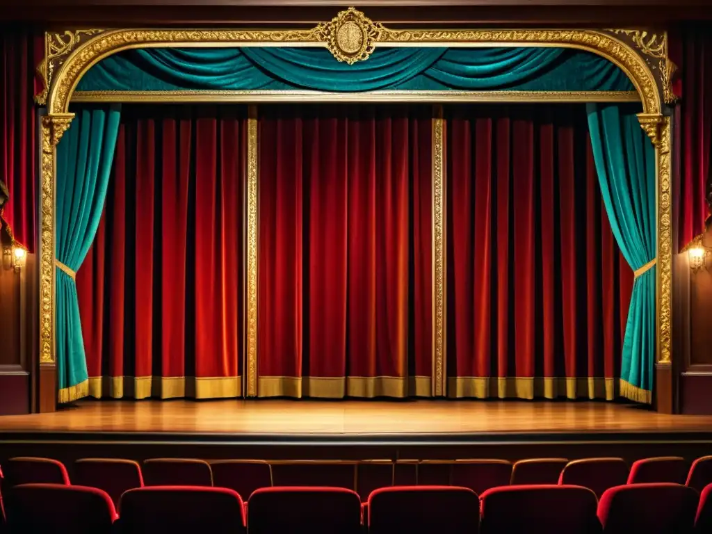 Detallada imagen de un escenario teatral vintage, con madera intrincada, cortinas de terciopelo y luces sutiles