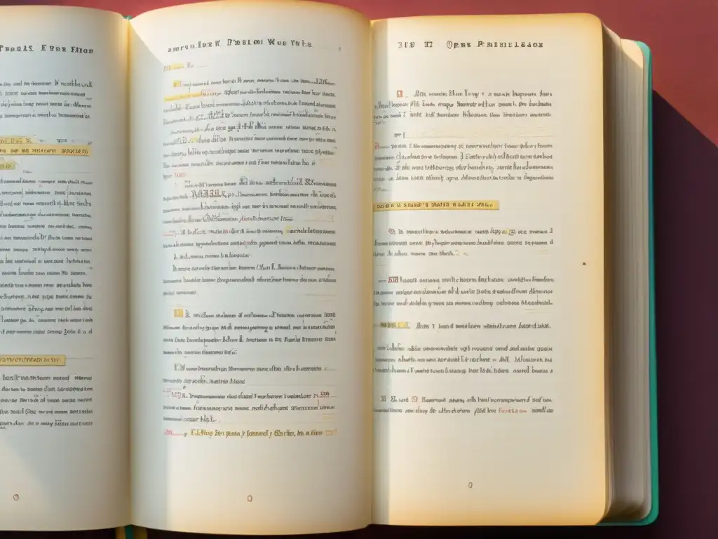 Detallada imagen de un libro abierto con anotaciones manuscritas, bañado en cálida luz