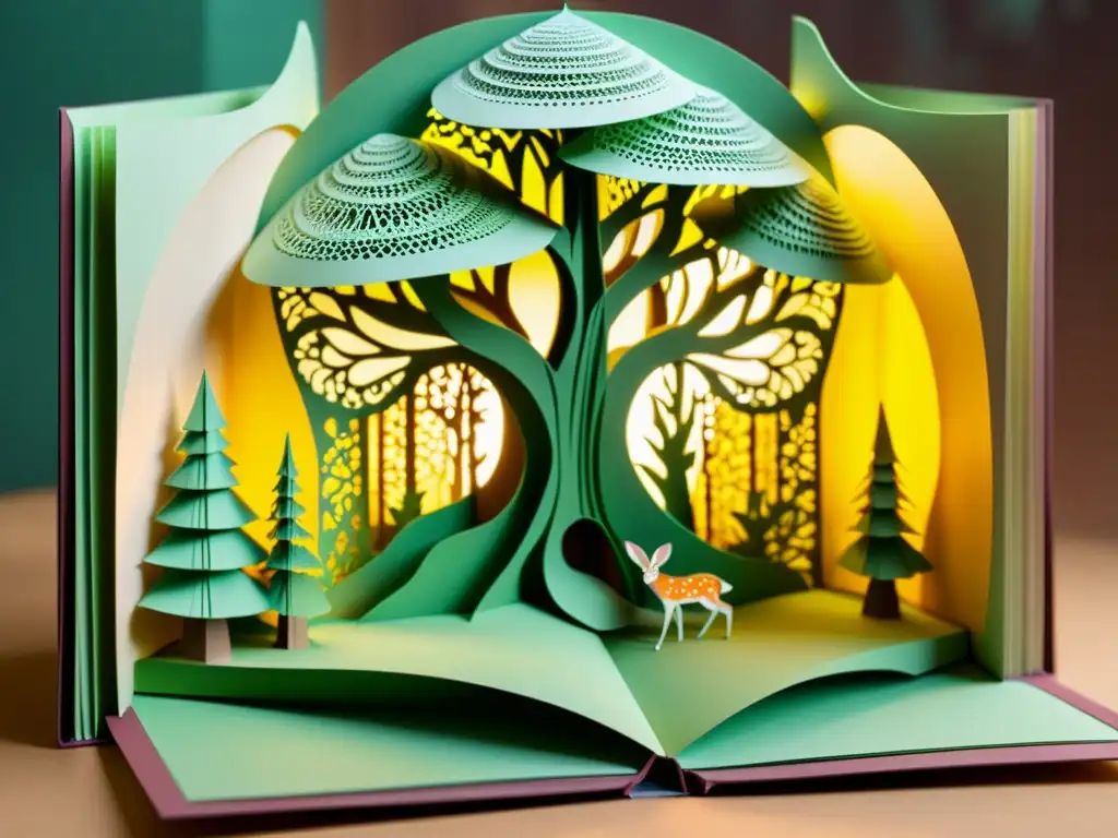 Detallada imagen de un libro popup con escena tridimensional de un bosque mágico, ideal para coleccionistas de Ediciones tridimensionales libros