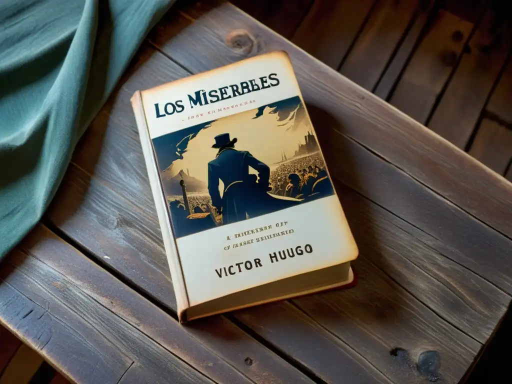 Una detallada imagen de 'Los Miserables' de Víctor Hugo, sobre una mesa de madera desgastada