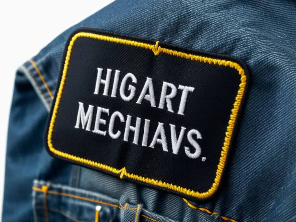 Chaqueta de mezclilla negra con parche literario bordado Detallada imagen de un parche literario personalizado bordado en un elegante chaquetón de mezclilla negra, resaltando su calidad artesanal