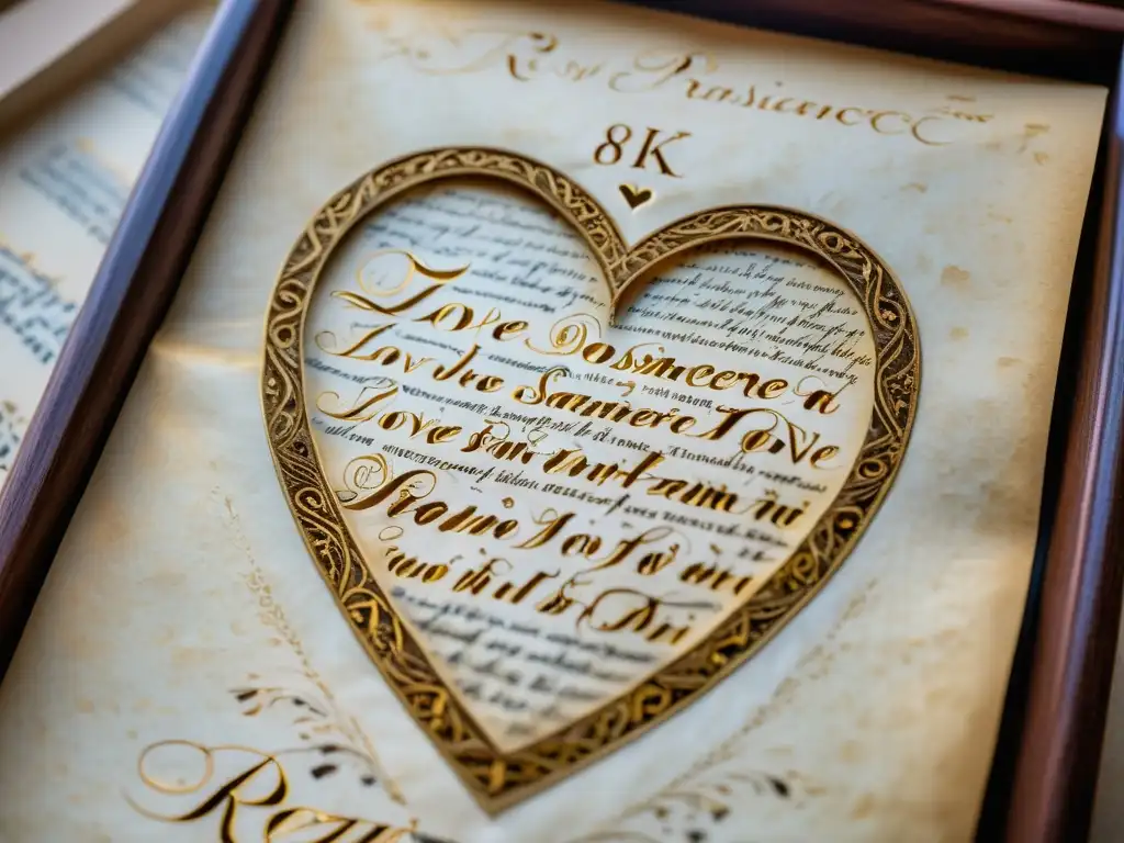 Detallada imagen 8k de un soneto renacentista sobre amor, escrito a mano en pergamino envejecido, iluminado por suave luz natural