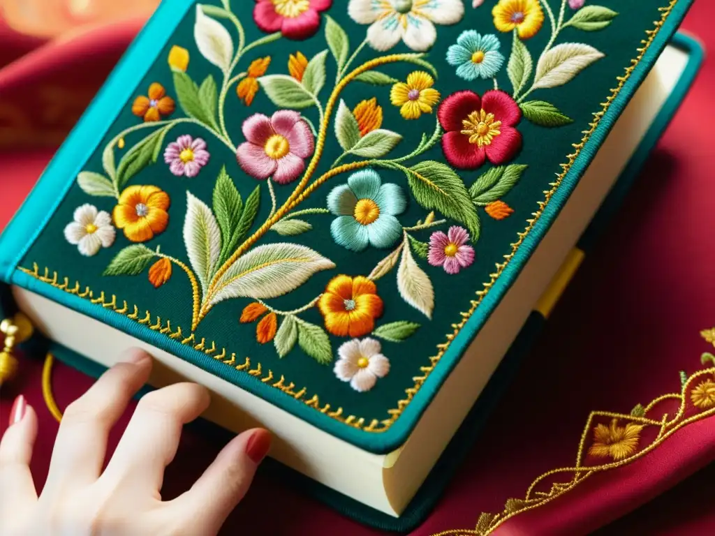 Detallada imagen de tapa de libro bordada con patrones florales vibrantes