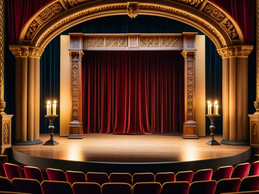 Detallada imagen de un teatro isabelino con pilares tallados, cortinas de terciopelo y candelabros iluminados