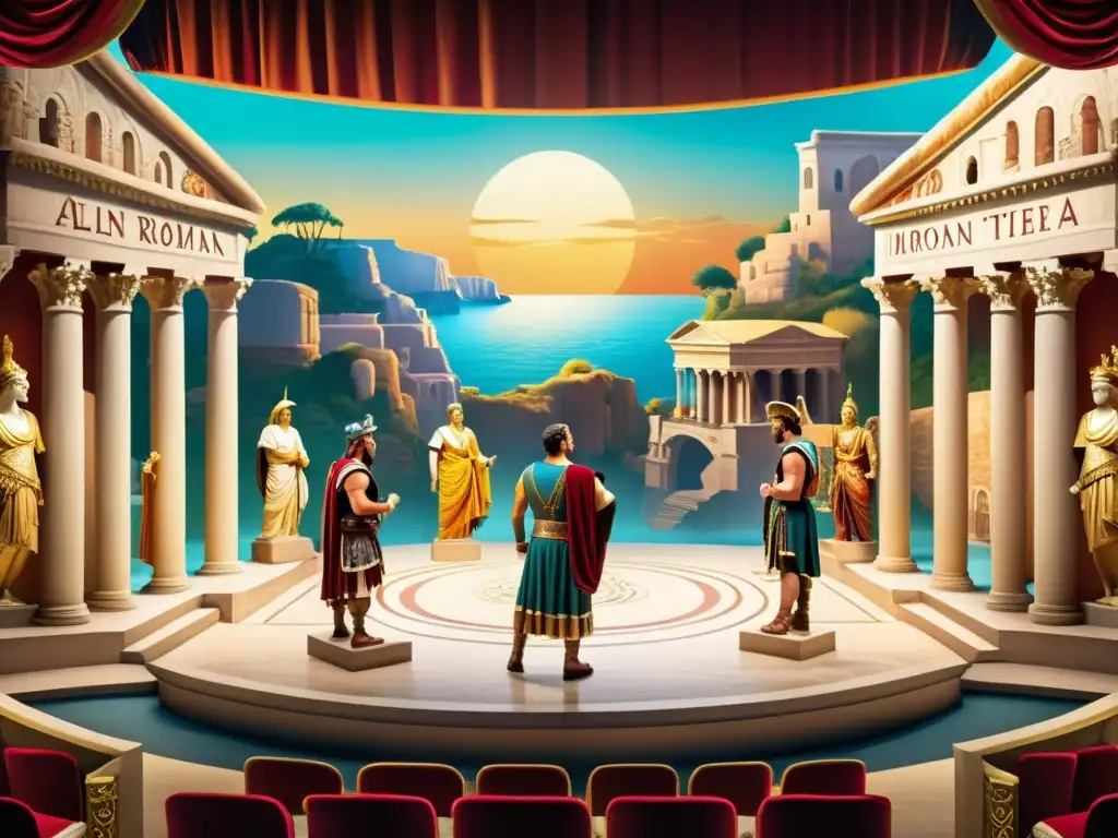 Detallada imagen 8k de un teatro romano con escenario, frescos coloridos, estatuas de máscaras cómicas y actores en escena