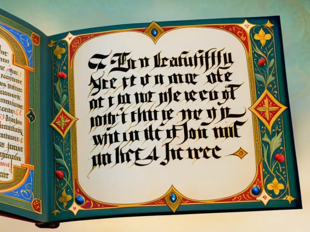 Manuscrito renacentista iluminado con ironía y simbolismo Detallada iluminación de un manuscrito renacentista con poema, mostrando caligrafía e ilustraciones, ricos colores y sutiles ironías