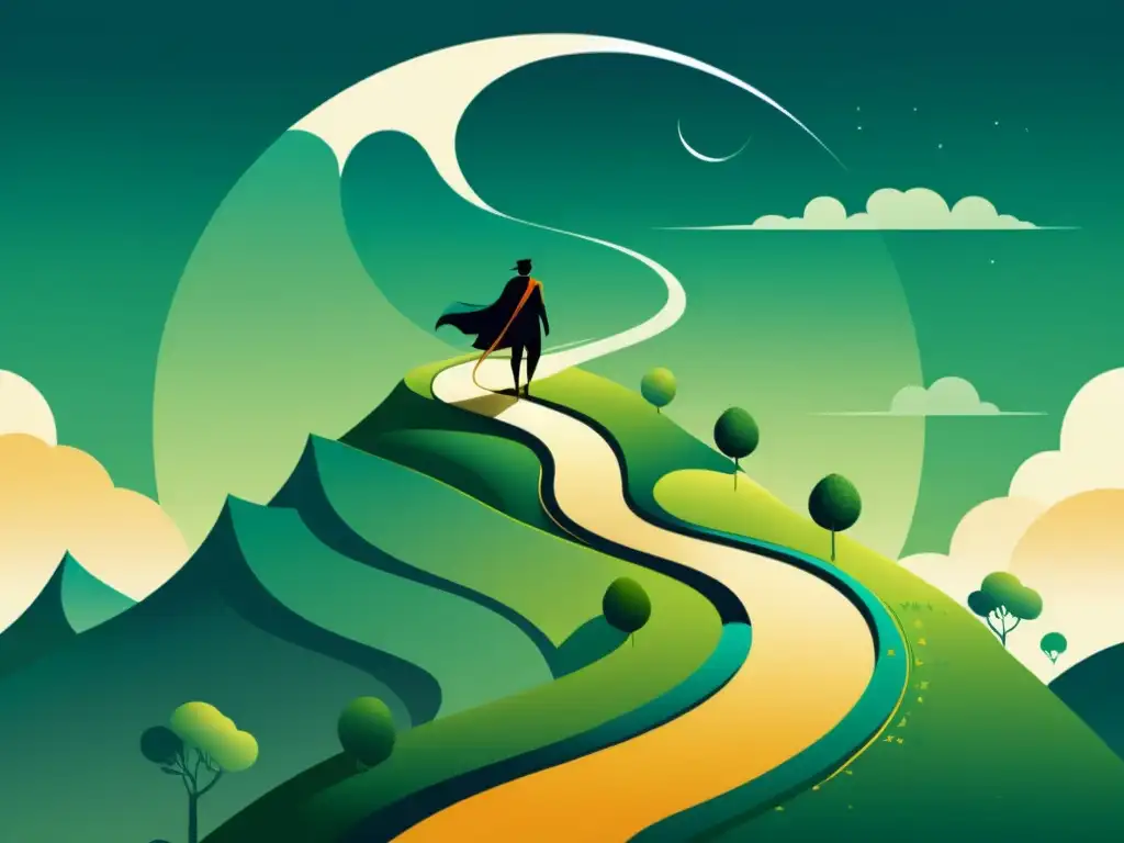 Ilustración detallada y minimalista de un viaje heroico a través de un paisaje mítico, adaptando estructuras míticas narrativa moderna