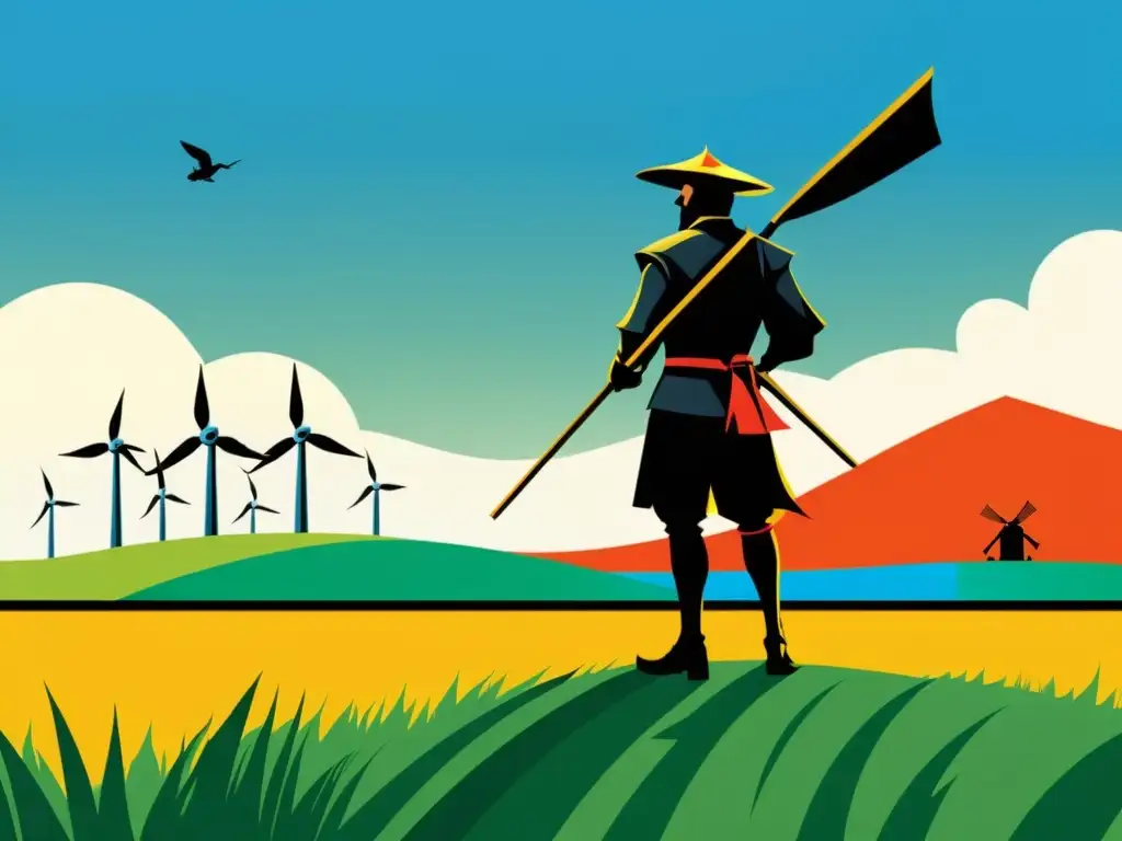 Ilustración detallada del Quijote luchando contra molinos de viento