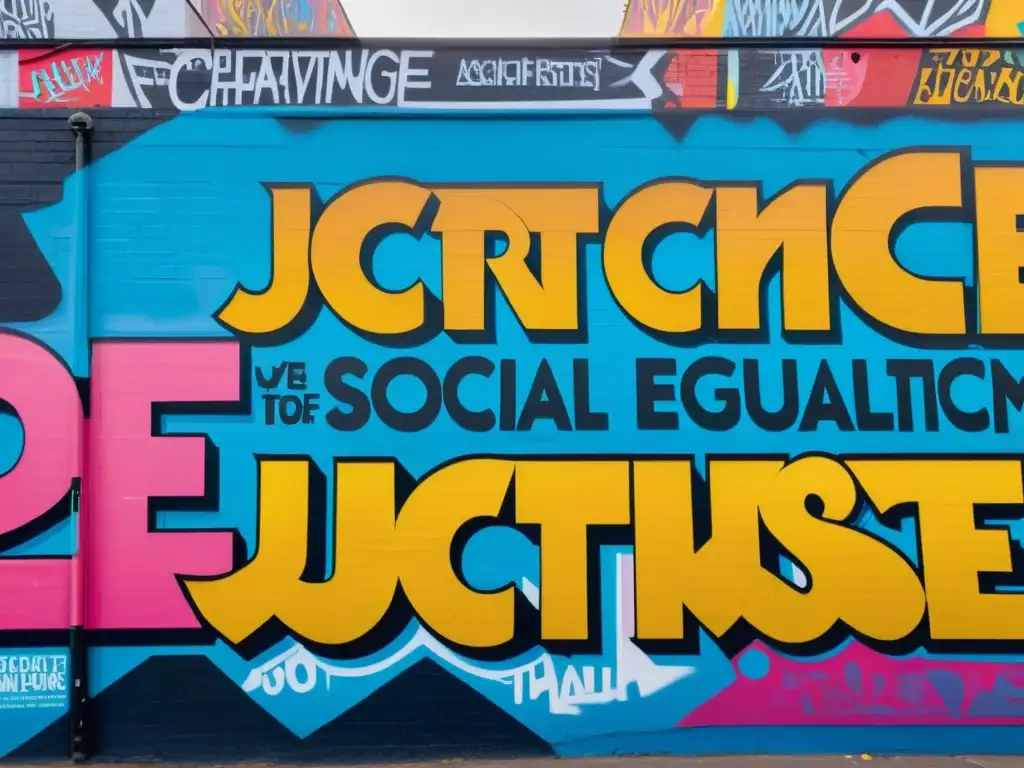 Detallada fotografía de un muro urbano cubierto de grafitis vibrantes, poetas luchan justicia social en expresiones impactantes