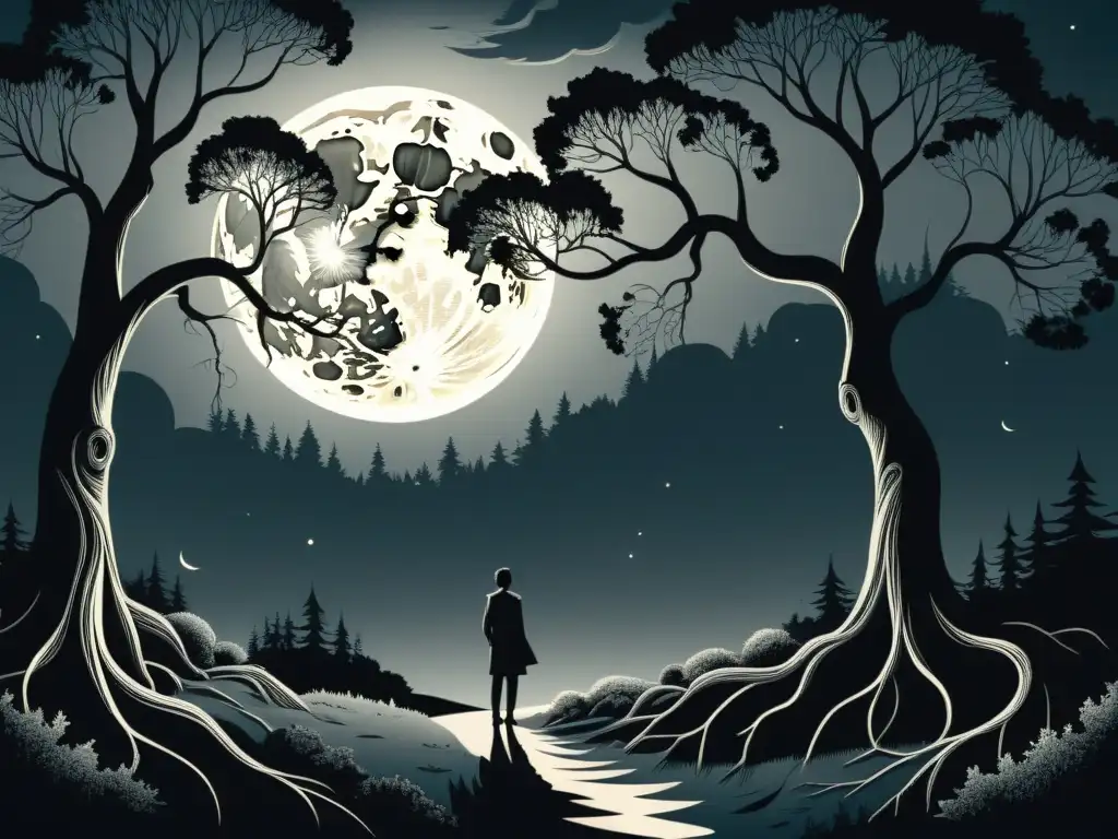 Ilustración detallada de un oscuro y frondoso bosque con árboles retorcidos que se elevan hacia un cielo iluminado por la luna