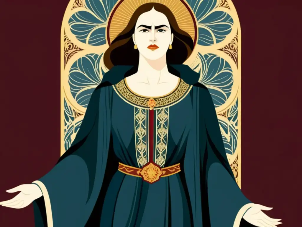 Ilustración detallada de Lady Macbeth en una postura regia y poderosa, con una expresión firme y presencia imponente