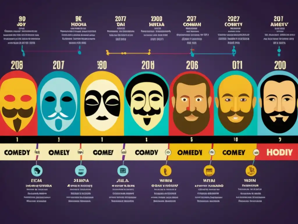 Detallada línea de tiempo de la evolución de la comedia a lo largo de la historia, capturando cada período en colores vibrantes y detalle intrincado