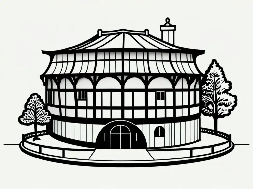 Detallado dibujo en blanco y negro del Globe Theatre de Shakespeare rodeado de exuberante naturaleza, evocando la conexión entre la creatividad humana y el mundo natural