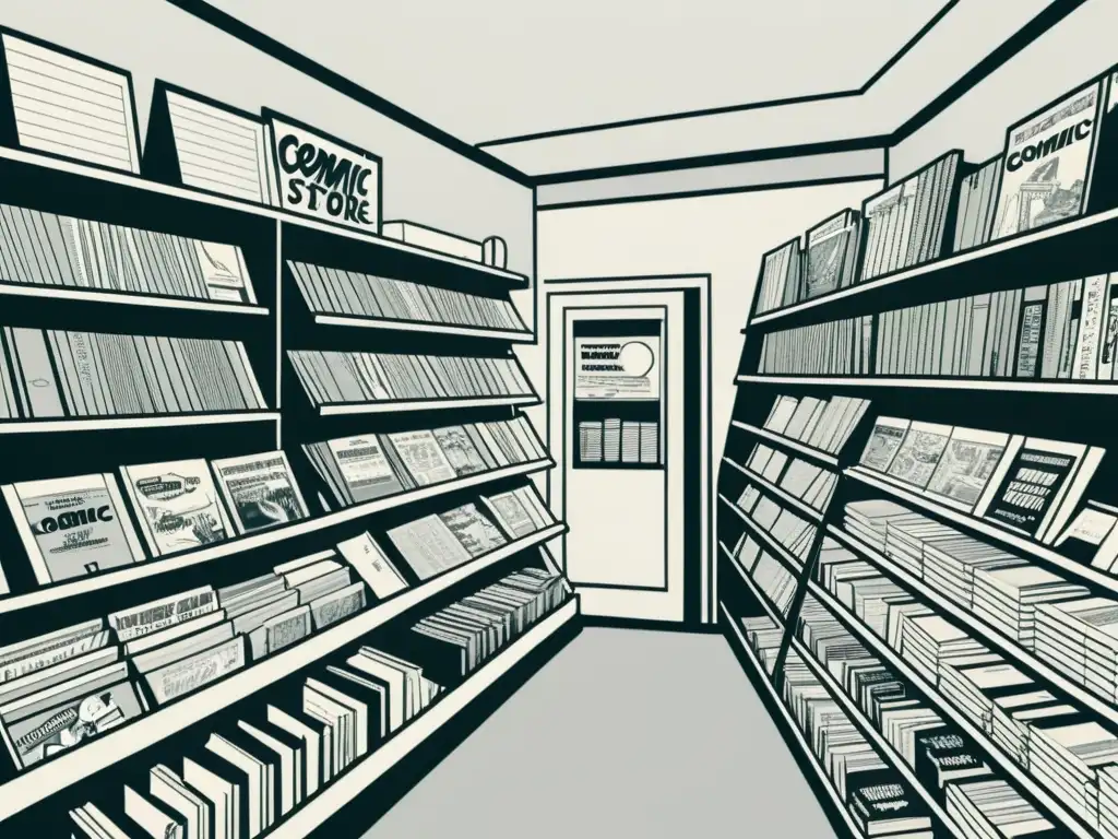 Detallado dibujo en blanco y negro de una tienda de cómics vintage con atmósfera acogedora