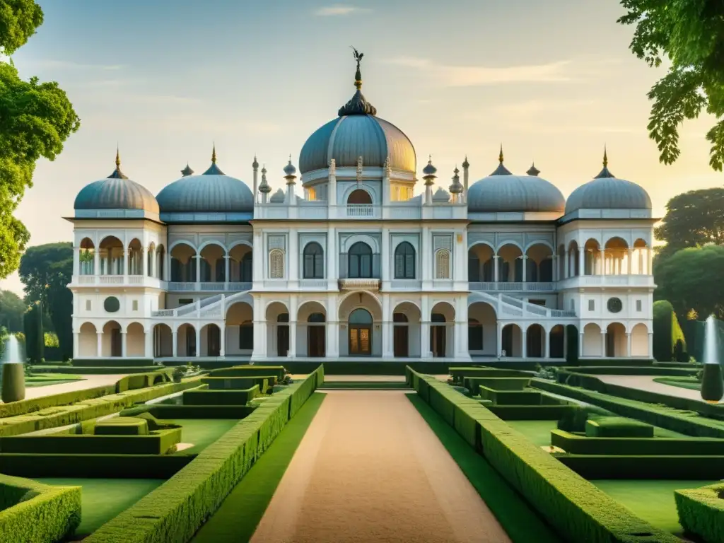 Detallado dibujo a lápiz de un majestuoso palacio renacentista rodeado de exuberantes jardines