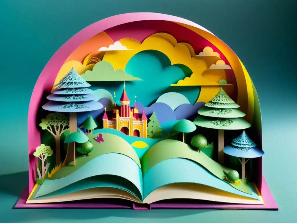 Detallado libro pop-up con escena tridimensional de mundo fantástico, colores vibrantes y papel delicado