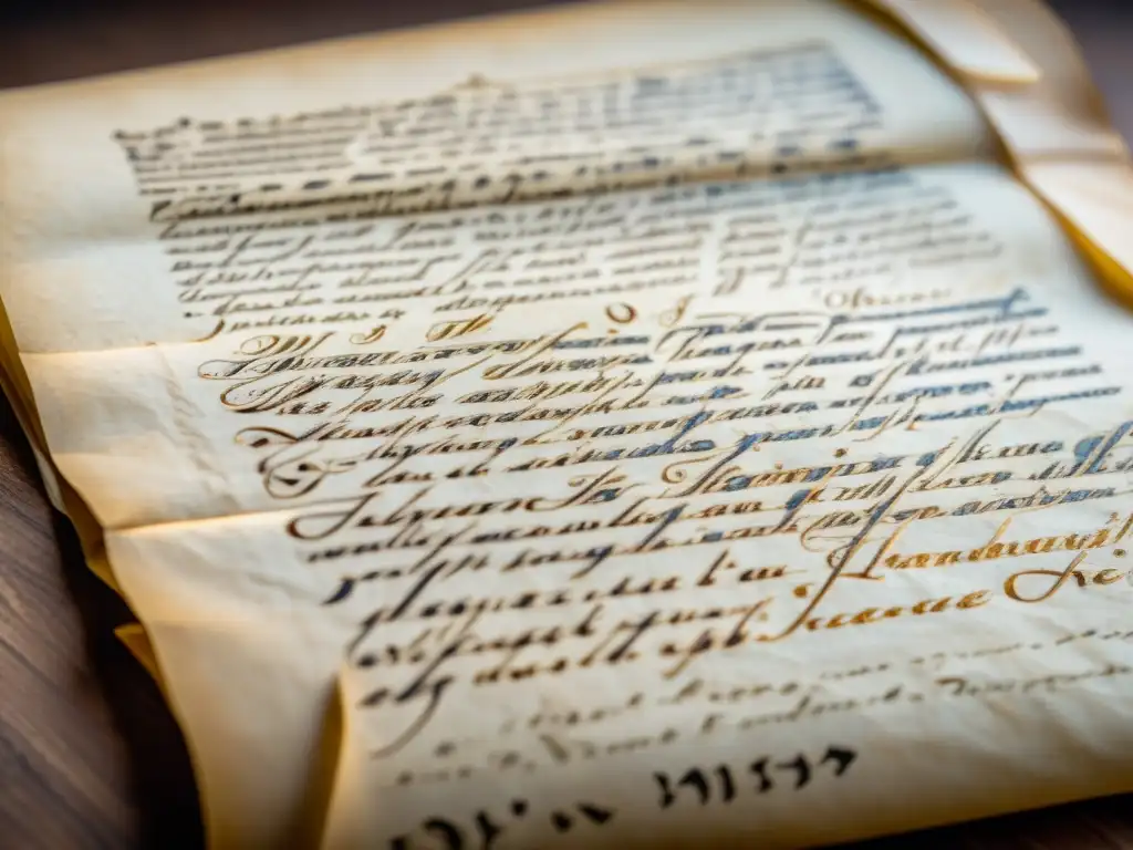 Detallado manuscrito latino antiguo con caligrafía intrincada iluminado por luz natural