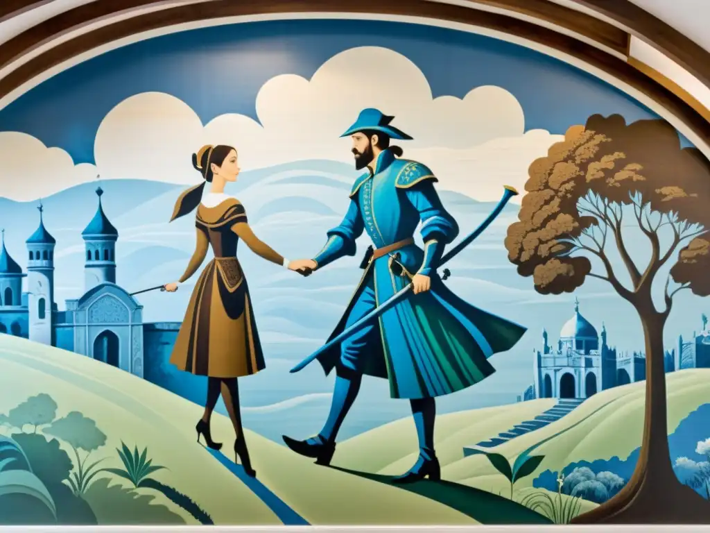 Detallado mural de decoración literaria clásica, con escenas de 'Don Quijote' y 'Romeo y Julieta' en tonos suaves de azul, verde y marrón