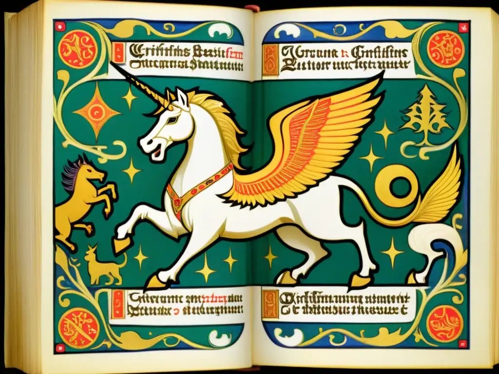 Detalle asombroso de un bestiario medieval de fantasía contemporánea con grifos, dragones y unicornios en ilustraciones vibrantes y detalladas