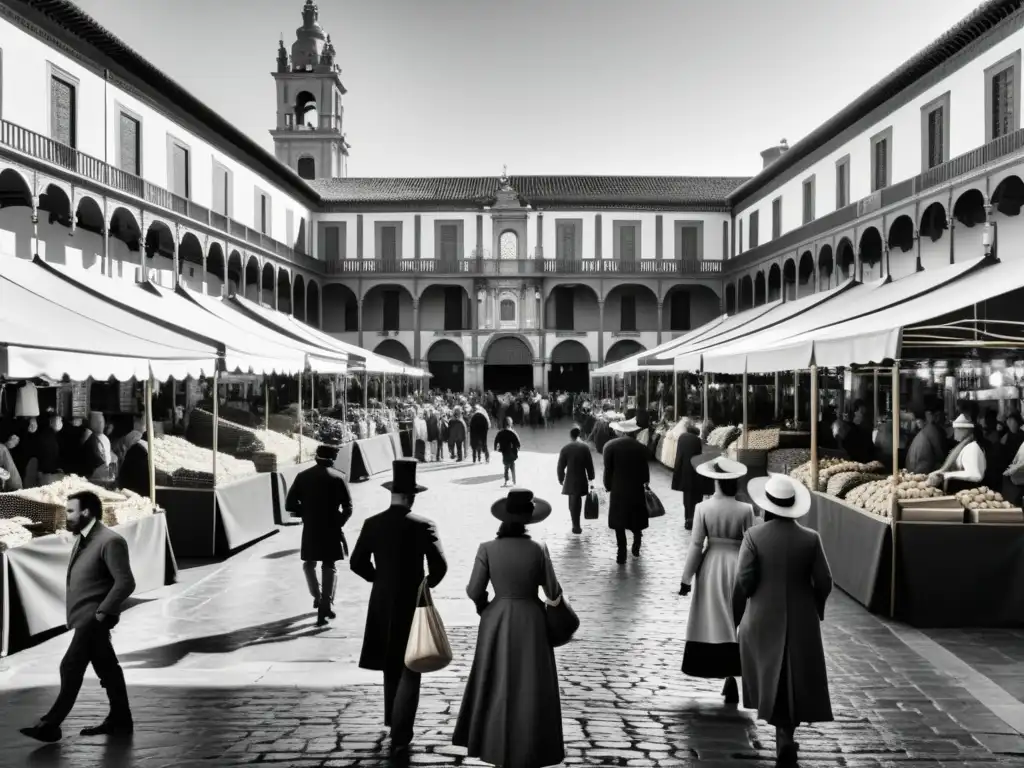 Detalle de ilustración en blanco y negro de un bullicioso mercado del siglo XIX en España