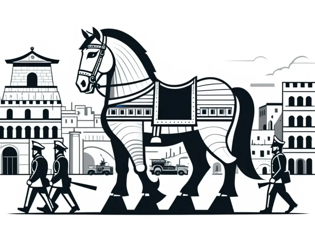 Detalle de ilustración en blanco y negro del Caballo de Troya entrando a la ciudad, con soldados ocultos y murallas al fondo