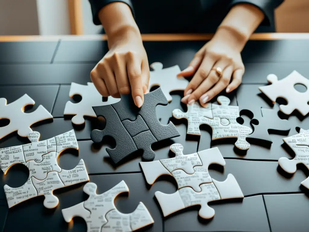 Rompecabezas en Blanco y Negro: Unión Perfecta Detalle en blanco y negro de un rompecabezas que se ensambla perfectamente, simbolizando la narrativa fragmentada en 'La insoportable levedad del ser'