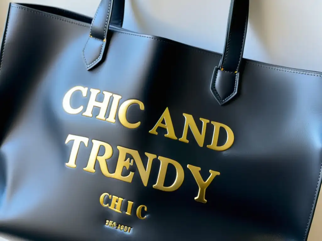 Detalle de bolso de cuero negro con la inscripción 'Chic & Trendy' en letras doradas, creando un look elegante y sofisticado