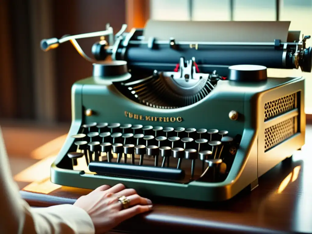 Detalle cercano de una elegante máquina de escribir vintage iluminada por la luz natural, resaltando su importancia y originalidad