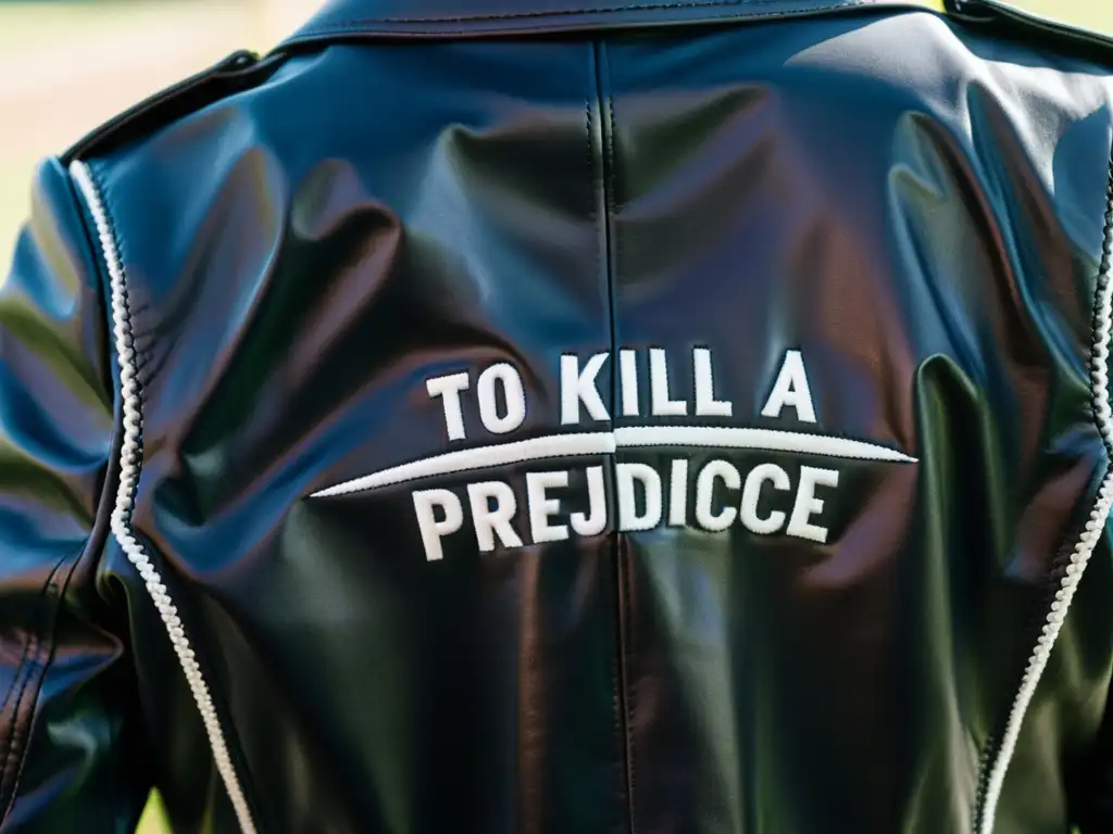 Detalle de chaqueta de cuero negro con costuras blancas formando títulos de clásicos literarios