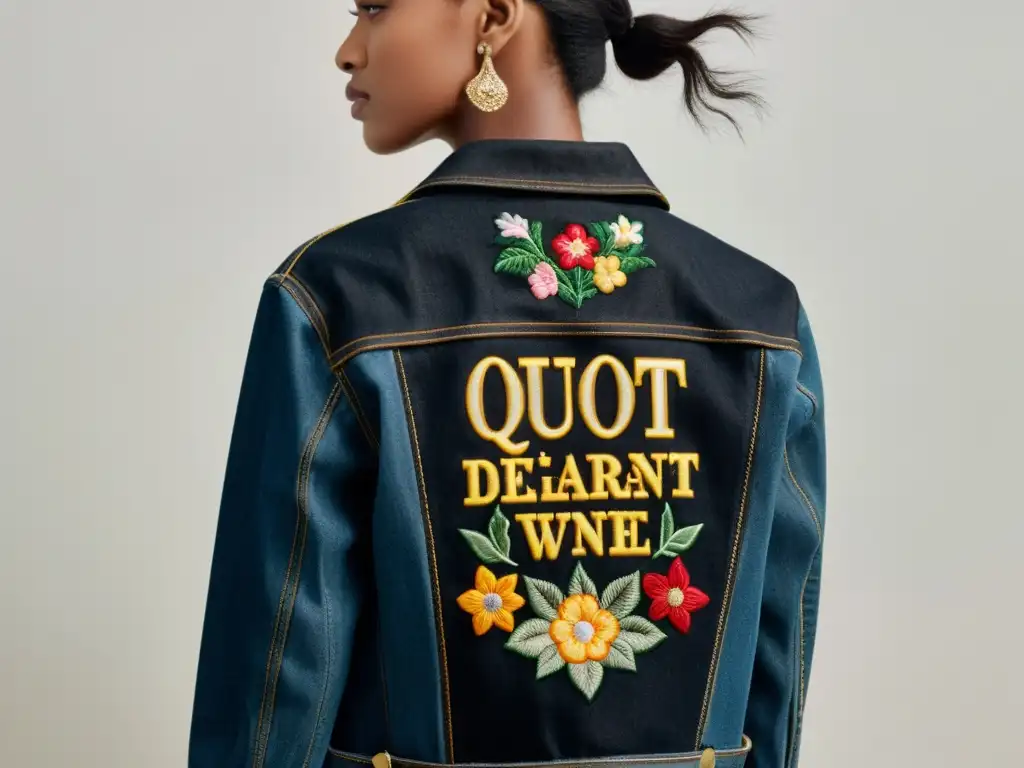 Chaqueta de mezclilla negra con parche literario bordado Detalle de chaqueta de mezclilla negra con parche literario personalizado y bordado floral en la manga