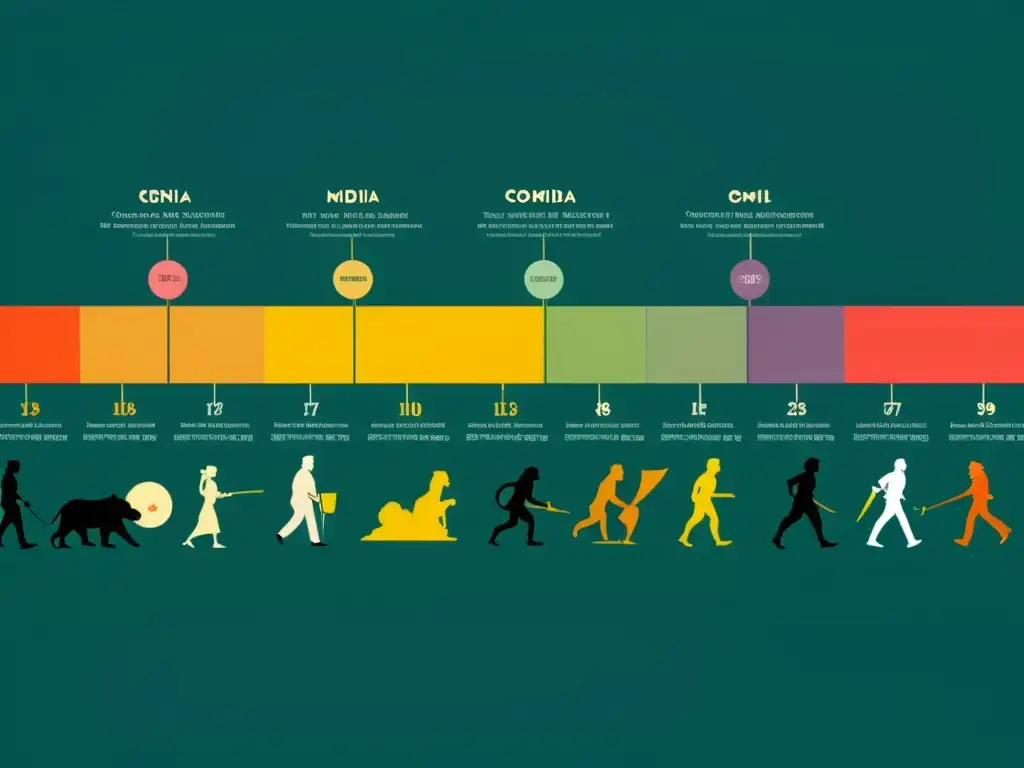 Detalle 8k de la evolución del término comedia literaria en una elegante línea de tiempo ilustrada y caligráfica